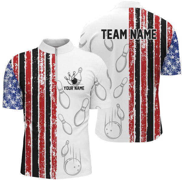 White Camo American Flag Bowling Polo, 1/4 Zip shirts for Men custom Patriotic Team Bowling Jerseys NQS8761