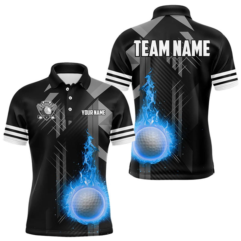 Black and White Blue Flame Golf Ball Mens Golf Polo Shirt custom team mens golf apparel, golfing gifts NQS9233