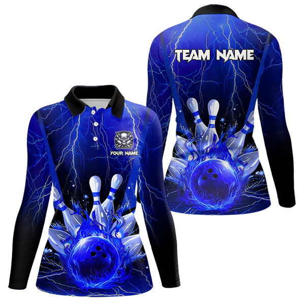 Blue Flame Lightning Thunder Bowling Polo, Quarter Zip Shirt For Women Custom Bowling Team Jersey NQS9425