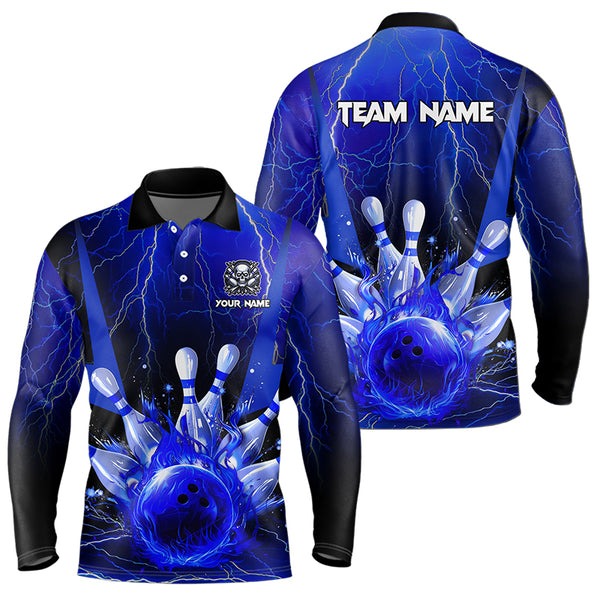 Blue Flame Lightning Thunder Bowling Polo, Quarter Zip Shirt For Men Custom Bowling Team Jersey NQS9425