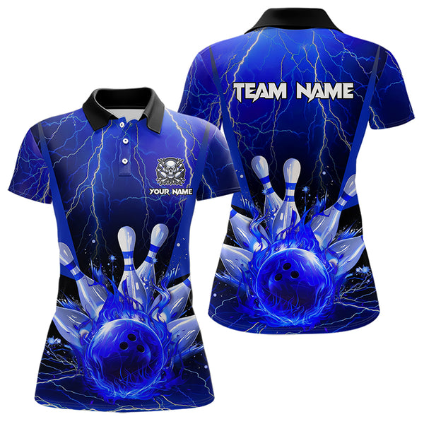 Blue Flame Lightning Thunder Bowling Polo, Quarter Zip Shirt For Women Custom Bowling Team Jersey NQS9425