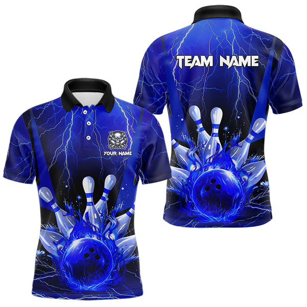 Blue Flame Lightning Thunder Bowling Polo, Quarter Zip Shirt For Men Custom Bowling Team Jersey NQS9425
