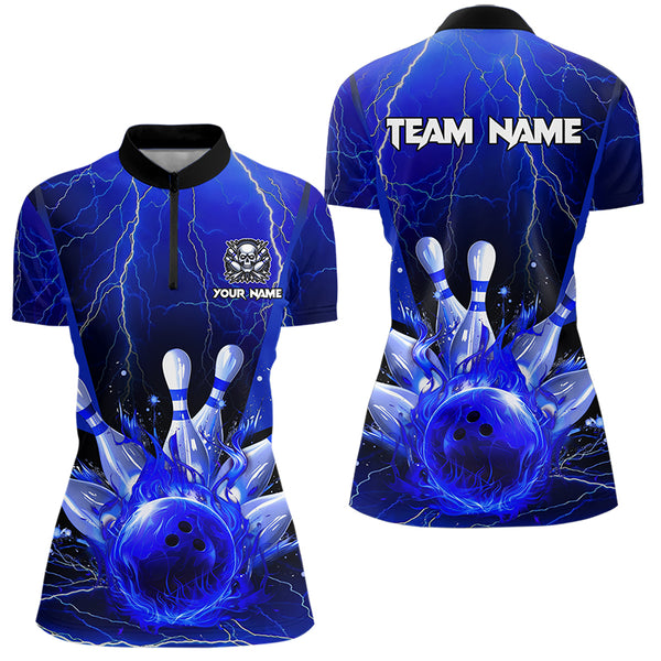 Blue Flame Lightning Thunder Bowling Polo, Quarter Zip Shirt For Women Custom Bowling Team Jersey NQS9425