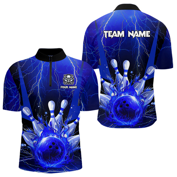 Blue Flame Lightning Thunder Bowling Polo, Quarter Zip Shirt For Men Custom Bowling Team Jersey NQS9425