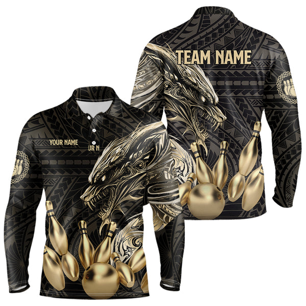 Black and Gold Dragon Tribal Bowling Polo, 1/4 Zip Shirts For Men Custom Retro Bowling Team Jerseys NQS9591
