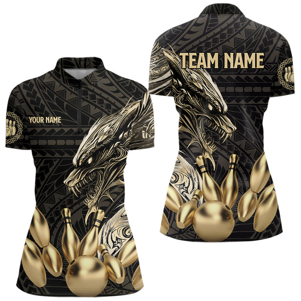 Black and Gold Dragon Tribal Bowling Polo, 1/4 Zip Shirts For Women Custom Retro Bowling Team Jerseys NQS9591