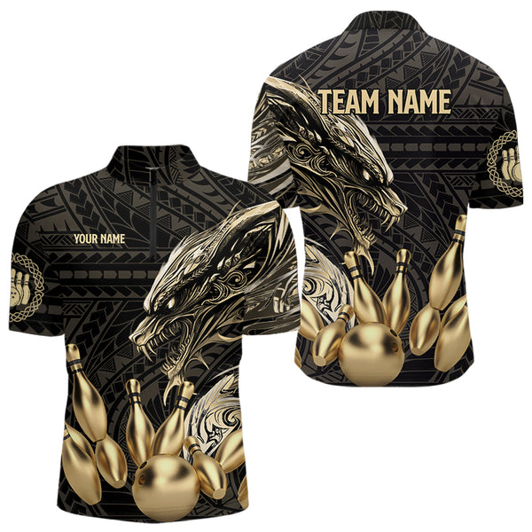 Black and Gold Dragon Tribal Bowling Polo, 1/4 Zip Shirts For Men Custom Retro Bowling Team Jerseys NQS9591