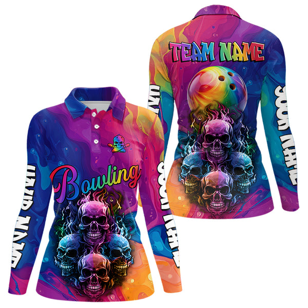 Colorful Rainbow Flame Skull Bowling Polo, Quarter Zip Shirts for Women Custom Bowling Team Jerseys NQS9731