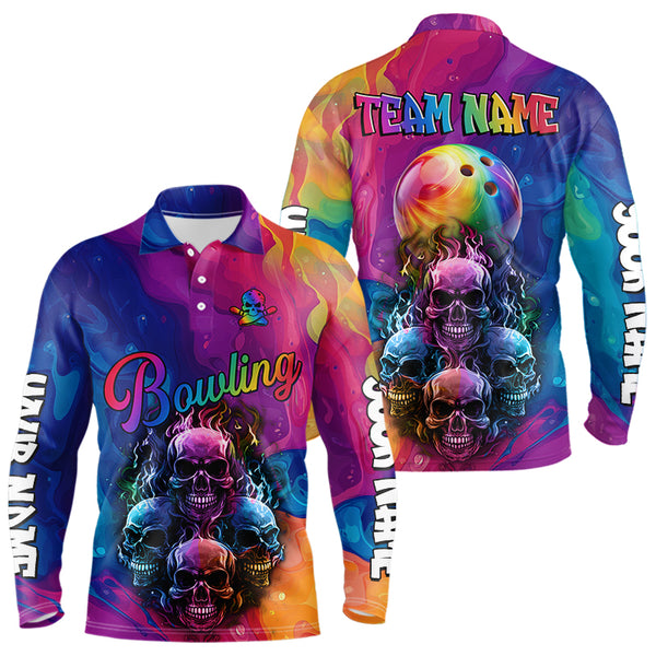 Colorful Rainbow Flame Skull Bowling Polo, Quarter Zip Shirts for Men Custom Bowling Team Jerseys NQS9731