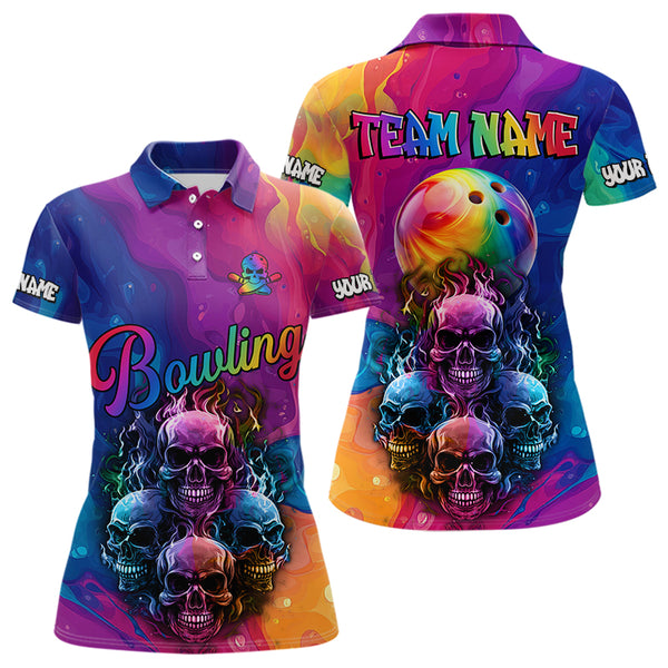 Colorful Rainbow Flame Skull Bowling Polo, Quarter Zip Shirts for Women Custom Bowling Team Jerseys NQS9731