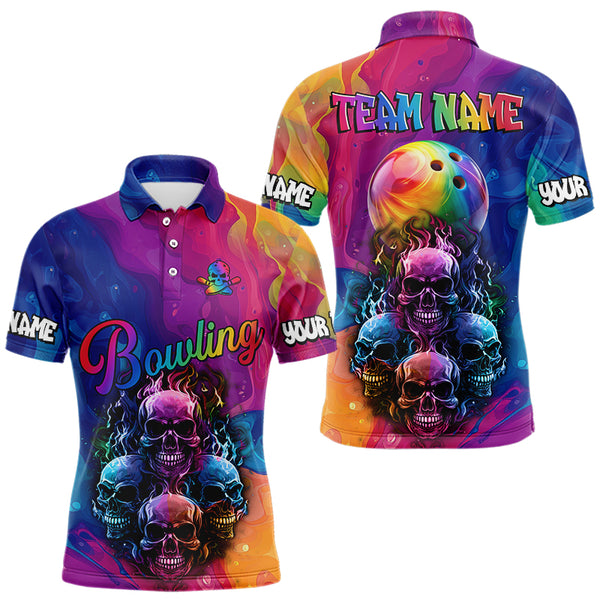 Colorful Rainbow Flame Skull Bowling Polo, Quarter Zip Shirts for Men Custom Bowling Team Jerseys NQS9731