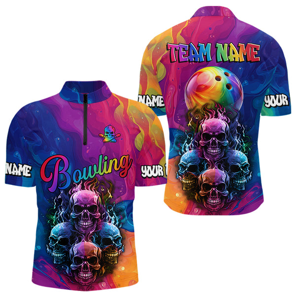 Colorful Rainbow Flame Skull Bowling Polo, Quarter Zip Shirts for Men Custom Bowling Team Jerseys NQS9731