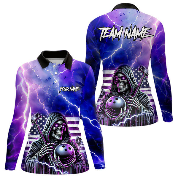 Purple American Flag Lightning Thunder Storm Reaper Bowling Shirt For Women Custom Bowling Team Jersey NQS9732