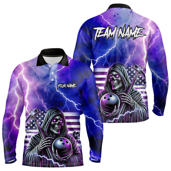 Purple American Flag Lightning Thunder Storm Reaper Bowling Shirt For Men Custom Bowling Team Jersey NQS9732