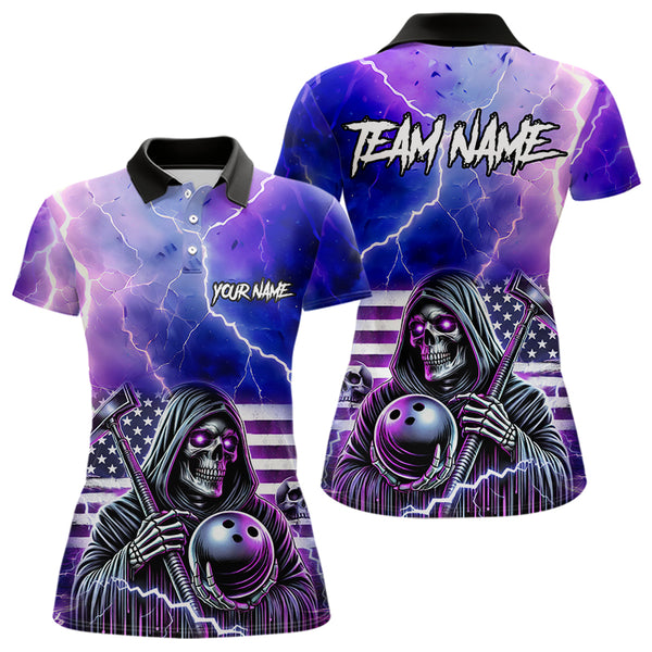 Purple American Flag Lightning Thunder Storm Reaper Bowling Shirt For Women Custom Bowling Team Jersey NQS9732
