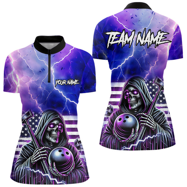 Purple American Flag Lightning Thunder Storm Reaper Bowling Shirt For Women Custom Bowling Team Jersey NQS9732