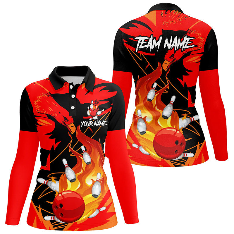 Eagle flame bowling ball and pins custom Womens Bowling Polo Shirts, team bowling jerseys | Red NQS7514