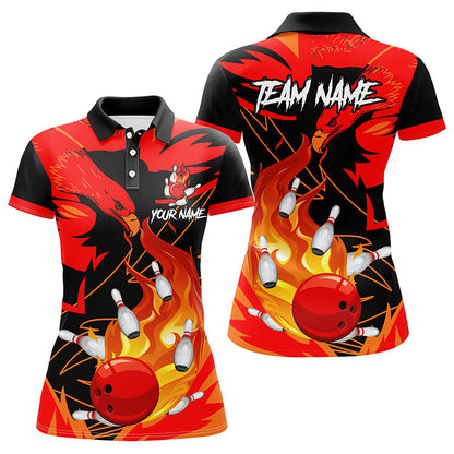 Eagle flame bowling ball and pins custom Womens Bowling Polo Shirts, team bowling jerseys | Red NQS7514