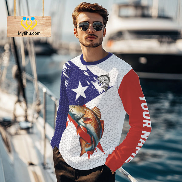 Red, White and Blue Texas Flag Redfish Fishing custom Redfish long sleeves performance fishing shirts NQS10001