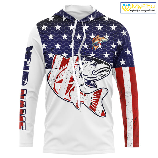 Red, White and Blue American Flag Redfish Fishing custom patriotic Redfish performance fishing shirts NQS10002