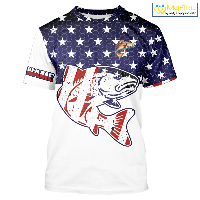 Red, White and Blue American Flag Redfish Fishing custom patriotic Redfish performance fishing shirts NQS10002
