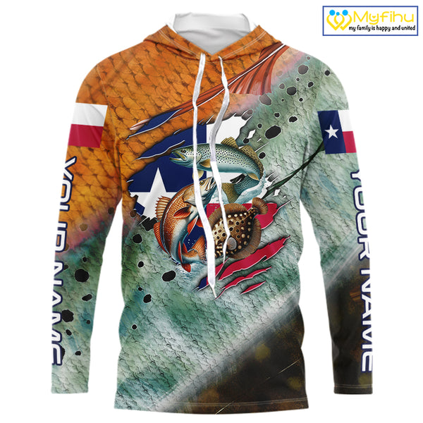 Texas slam redfish trout flounder scales Texas flag Custom patriotic fishing long sleeve shirts NQS10163