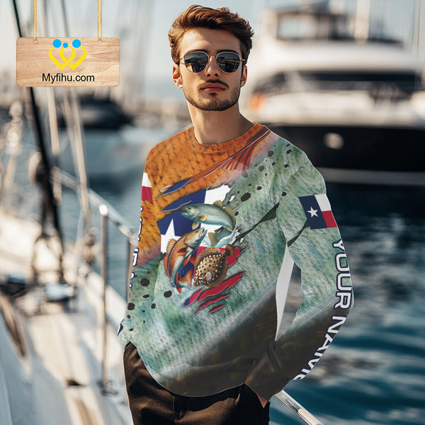 Texas slam redfish trout flounder scales Texas flag Custom patriotic fishing long sleeve shirts NQS10163