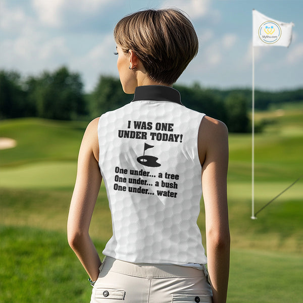 Women sleeveless polo shirt black and white custom I was one under today, under a tree, bush, water NQS10164