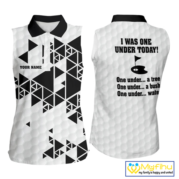 Women sleeveless polo shirt black and white custom I was one under today, under a tree, bush, water NQS10164