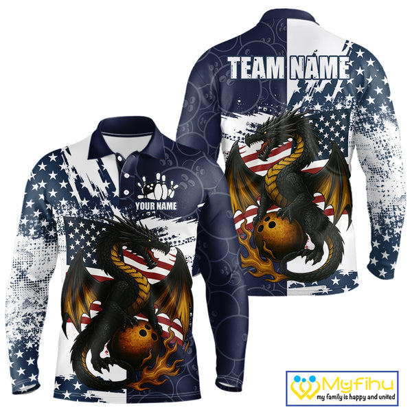 Red, White and Blue American Flag Dragon Bowling Shirts For Men Custom Patriotic Bowling Team Jersey NQS10294