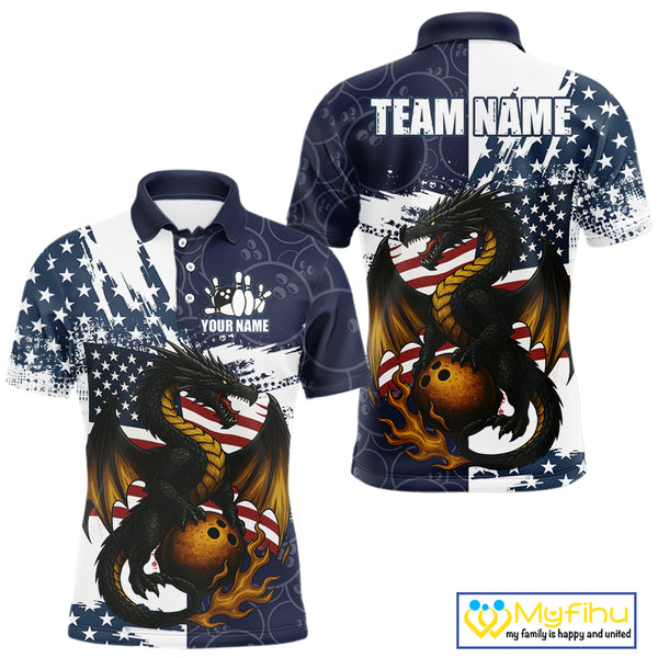 Red, White and Blue American Flag Dragon Bowling Shirts For Men Custom Patriotic Bowling Team Jersey NQS10294