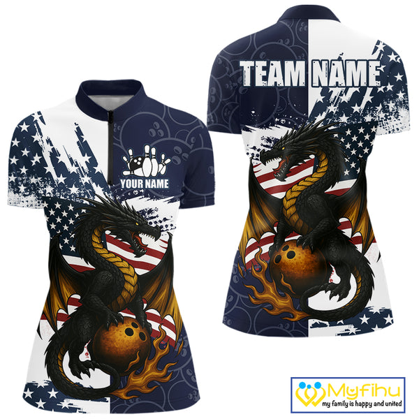 Red, White and Blue American Flag Dragon Bowling Shirt For Women Custom Patriotic Bowling Team Jersey NQS10294