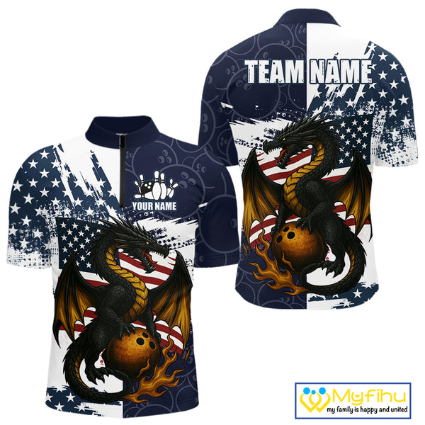 Red, White and Blue American Flag Dragon Bowling Shirts For Men Custom Patriotic Bowling Team Jersey NQS10294