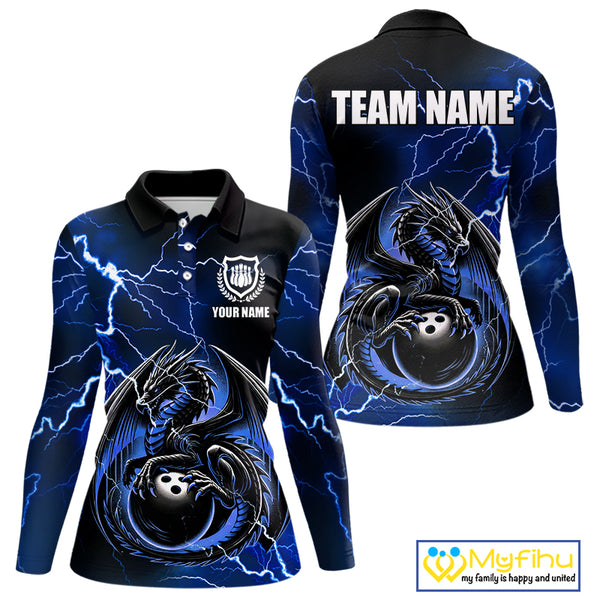 Personalized Black And Blue Thunder Lightning Dragon Bowling Shirts For Women, Bowling Team Uniform NQS10295