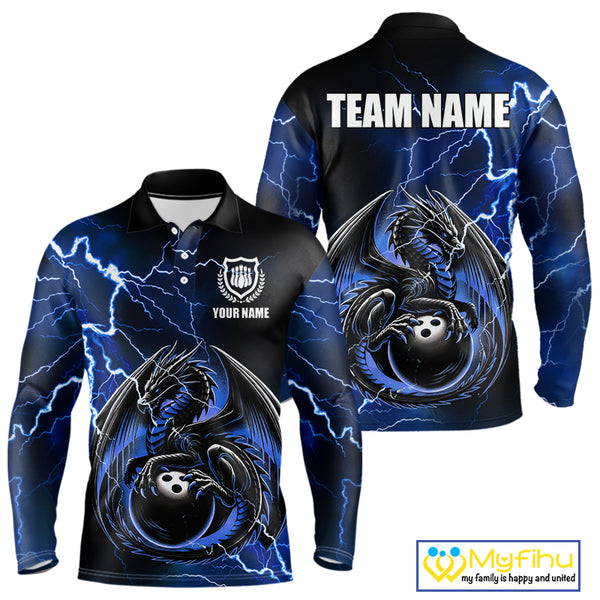 Personalized Black And Blue Thunder Lightning Dragon Bowling Shirts For Men, Bowling Team Uniform NQS10295