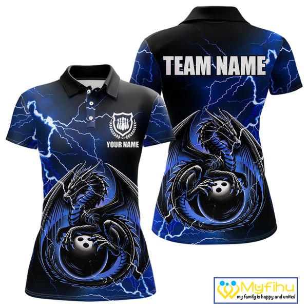 Personalized Black And Blue Thunder Lightning Dragon Bowling Shirts For Women, Bowling Team Uniform NQS10295