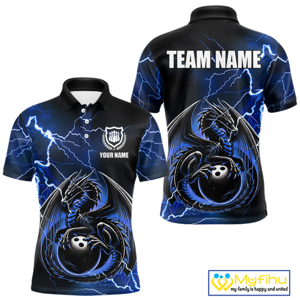 Personalized Black And Blue Thunder Lightning Dragon Bowling Shirts For Men, Bowling Team Uniform NQS10295
