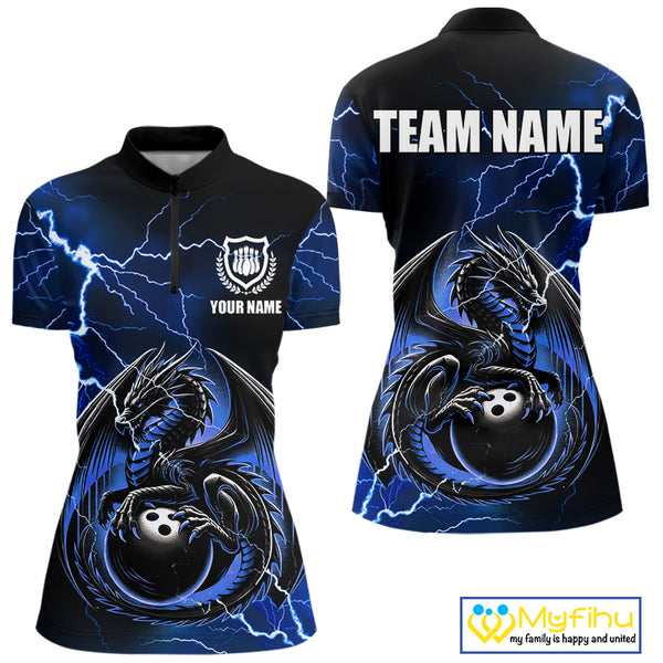 Personalized Black And Blue Thunder Lightning Dragon Bowling Shirts For Women, Bowling Team Uniform NQS10295