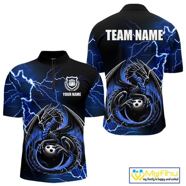 Personalized Black And Blue Thunder Lightning Dragon Bowling Shirts For Men, Bowling Team Uniform NQS10295