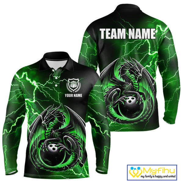 Personalized Black And Green Thunder Lightning Dragon Bowling Shirts For Men, Bowling Team Uniform NQS10296