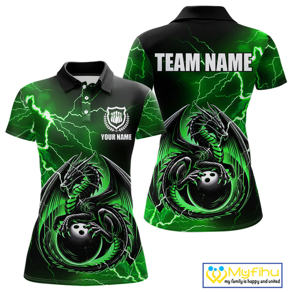 Personalized Black And Green Thunder Lightning Dragon Bowling Shirts For Women, Bowling Team Uniform NQS10296