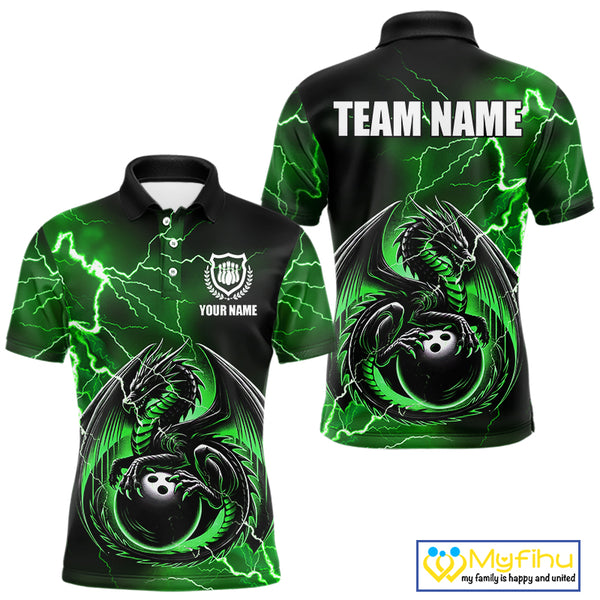 Personalized Black And Green Thunder Lightning Dragon Bowling Shirts For Men, Bowling Team Uniform NQS10296