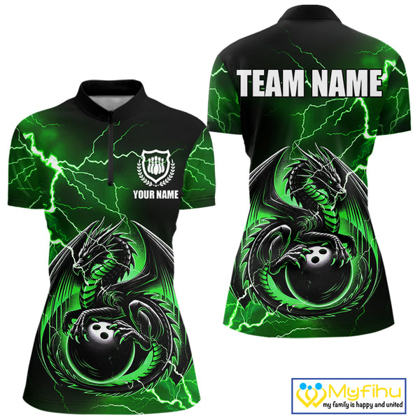 Personalized Black And Green Thunder Lightning Dragon Bowling Shirts For Women, Bowling Team Uniform NQS10296