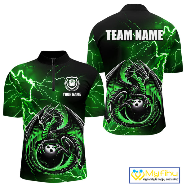 Personalized Black And Green Thunder Lightning Dragon Bowling Shirts For Men, Bowling Team Uniform NQS10296