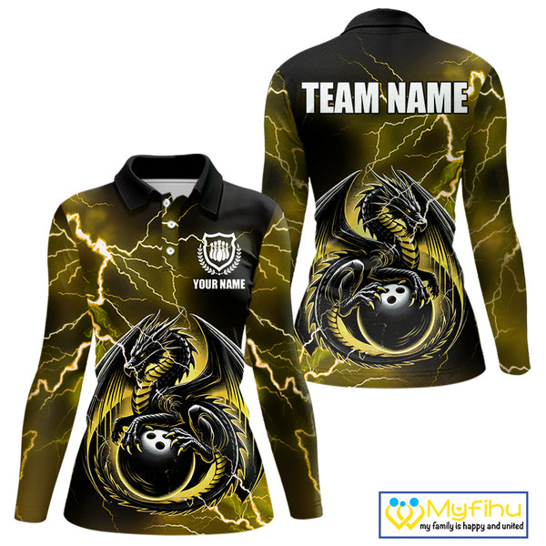 Personalized Black And Yellow Thunder Lightning Dragon Bowling Shirts For Women, Bowling Team Uniform NQS10297