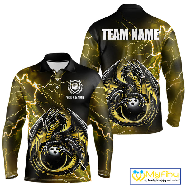 Personalized Black And Yellow Thunder Lightning Dragon Bowling Shirts For Men, Bowling Team Uniform NQS10297