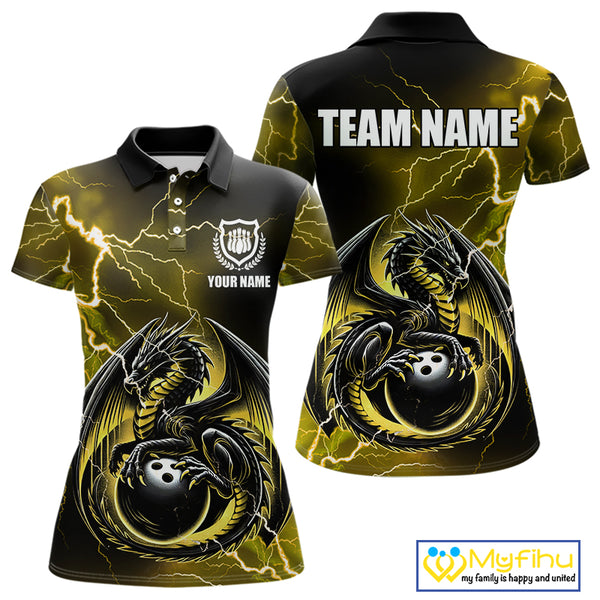 Personalized Black And Yellow Thunder Lightning Dragon Bowling Shirts For Women, Bowling Team Uniform NQS10297