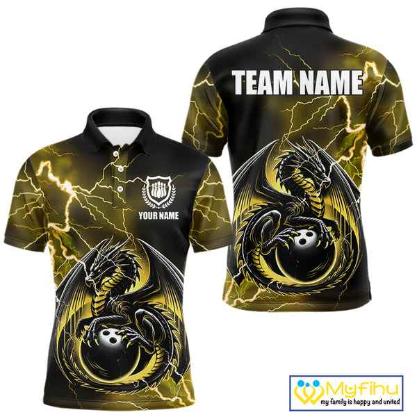 Personalized Black And Yellow Thunder Lightning Dragon Bowling Shirts For Men, Bowling Team Uniform NQS10297