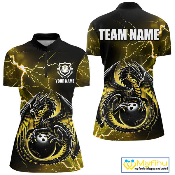 Personalized Black And Yellow Thunder Lightning Dragon Bowling Shirts For Women, Bowling Team Uniform NQS10297