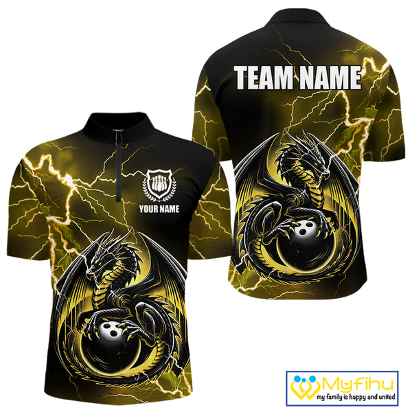 Personalized Black And Yellow Thunder Lightning Dragon Bowling Shirts For Men, Bowling Team Uniform NQS10297
